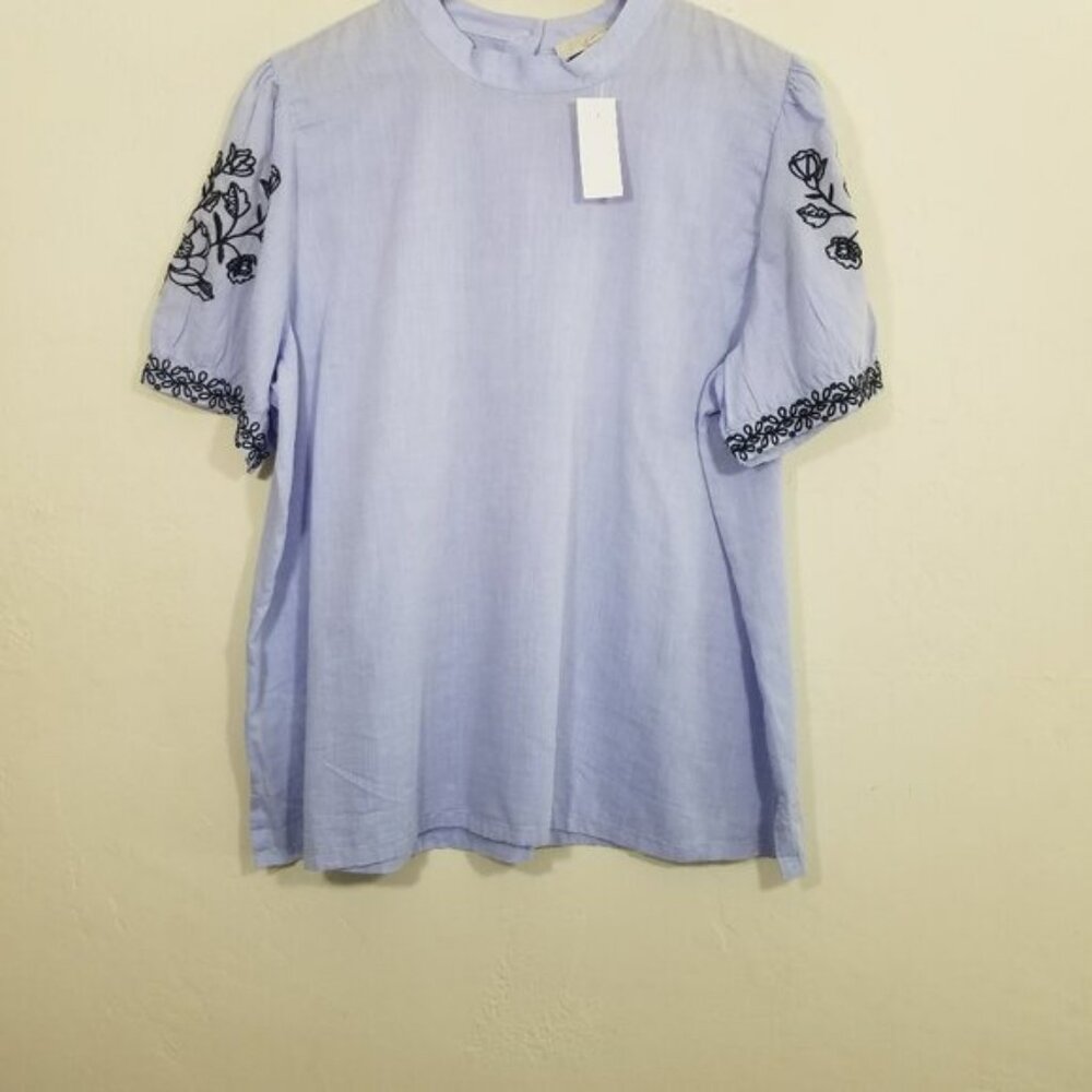 NWT LOFT Cotton Blend Embroidered Floral Lightweight Blouse Top Blue Size XL